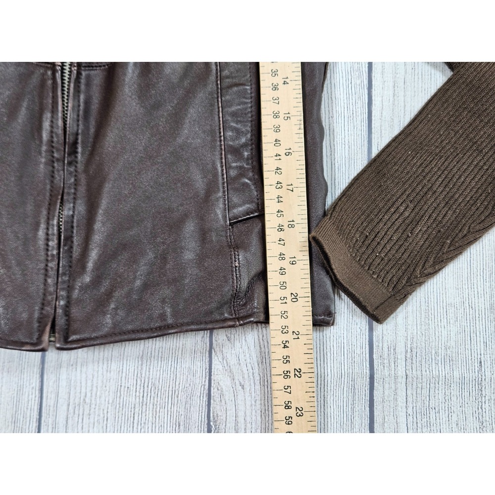 Vtg Jaclyn Smith Leather Jacket Womens 8 Brown Leather Rib Knit Zip Front Moto - Picture 3 of 7